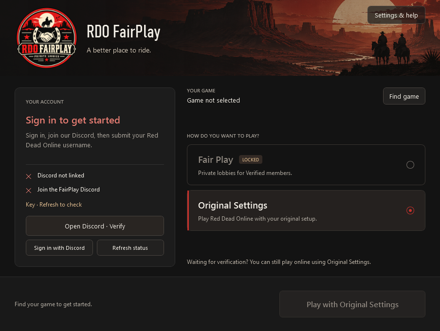 FairPlay launcher showing Discord account checks, a locked Fair Play option before verification, and Original Settings.